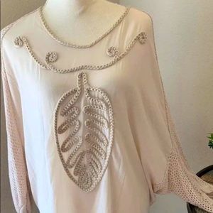 SIMPLY COUTURE sheer cream blouse with winged crochet sleeves and back - Size L